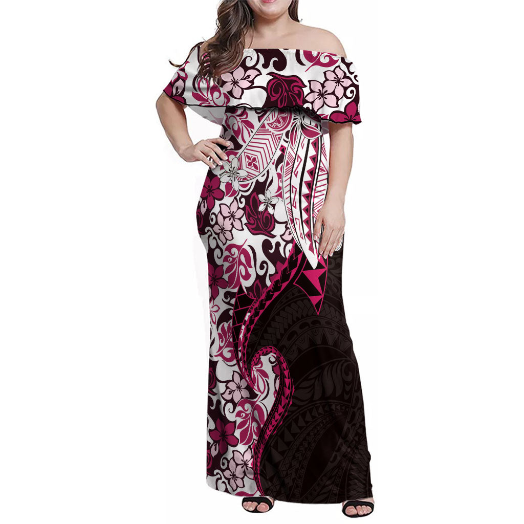 Monstera Plumeria Flowers Pink Family Matching Off Shoulder Maxi Dress and Hawaiian Shirt Polynesian Pattern LT01 Mom's Dress Pink - Polynesian Pride