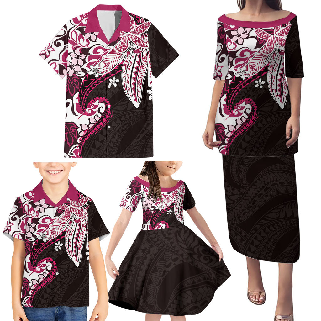 Monstera Plumeria Flowers Pink Family Matching Puletasi and Hawaiian Shirt Polynesian Pattern