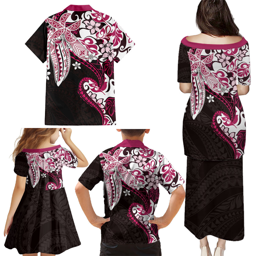 Monstera Plumeria Flowers Pink Family Matching Puletasi and Hawaiian Shirt Polynesian Pattern
