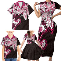 Monstera Plumeria Flowers Pink Family Matching Short Sleeve Bodycon Dress and Hawaiian Shirt Polynesian Pattern