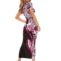 Monstera Plumeria Flowers Pink Family Matching Short Sleeve Bodycon Dress and Hawaiian Shirt Polynesian Pattern