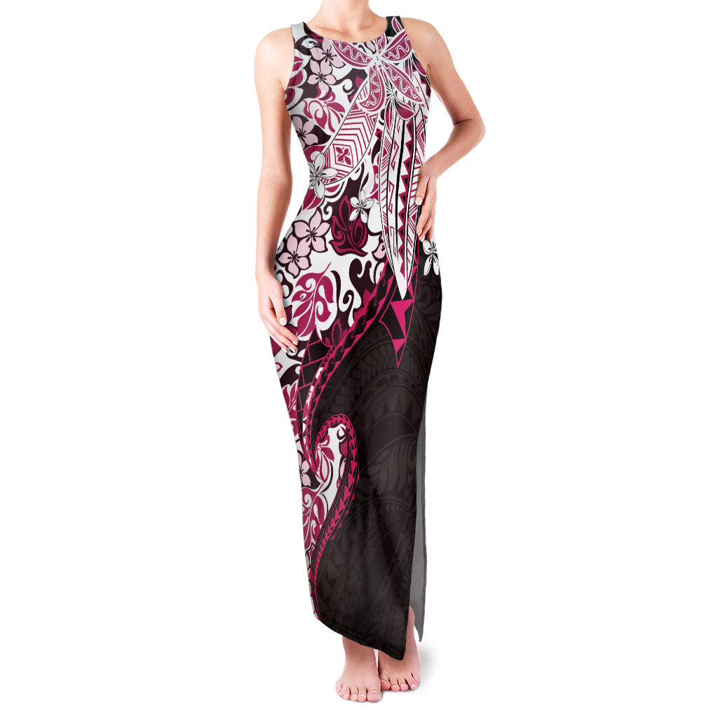 Monstera Plumeria Flowers Pink Family Matching Tank Maxi Dress and Hawaiian Shirt Polynesian Pattern LT01 Mom's Dress Pink - Polynesian Pride
