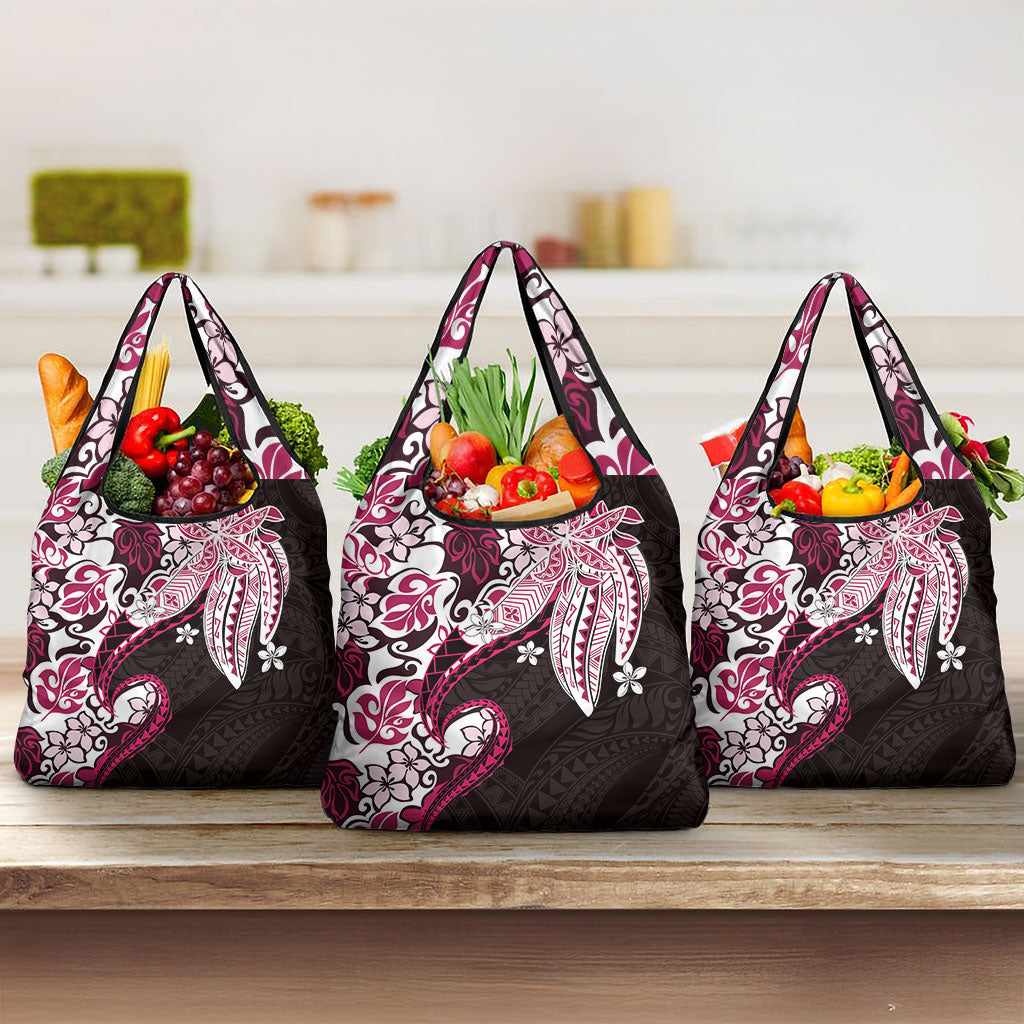 Monstera Plumeria Flowers Pink Grocery Bag Polynesian Pattern LT01 3-pack One Size Pink - Polynesian Pride