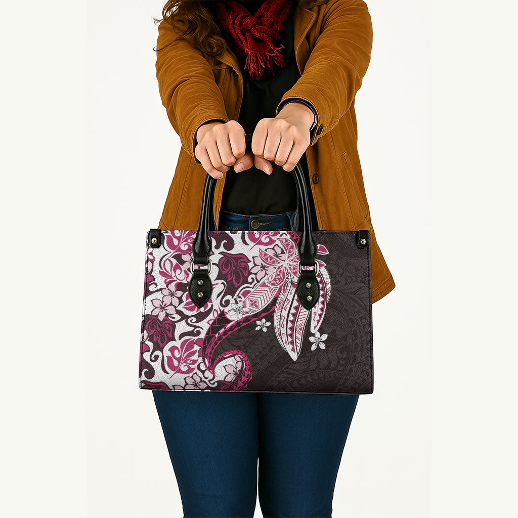 Monstera Plumeria Flowers Pink Leather Bag Polynesian Pattern