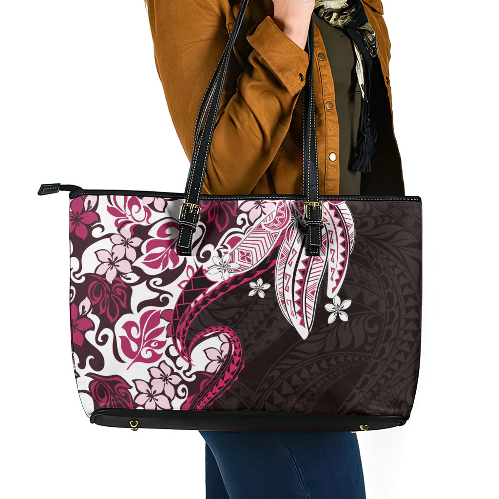 Monstera Plumeria Flowers Pink Leather Tote Bag Polynesian Pattern