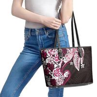 Monstera Plumeria Flowers Pink Leather Tote Bag Polynesian Pattern