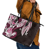 Monstera Plumeria Flowers Pink Leather Tote Bag Polynesian Pattern