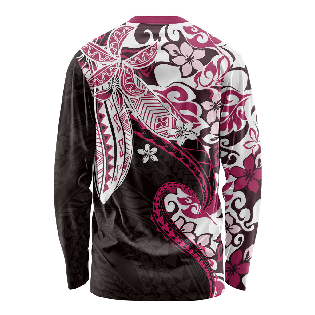 Monstera Plumeria Flowers Pink Long Sleeve Shirt Polynesian Pattern