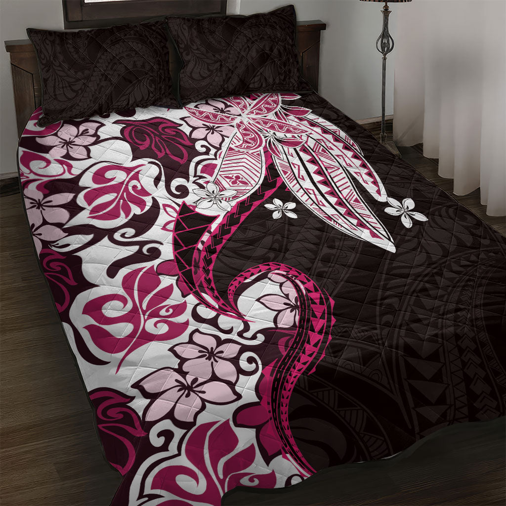 Monstera Plumeria Flowers Pink Quilt Bed Set Polynesian Pattern