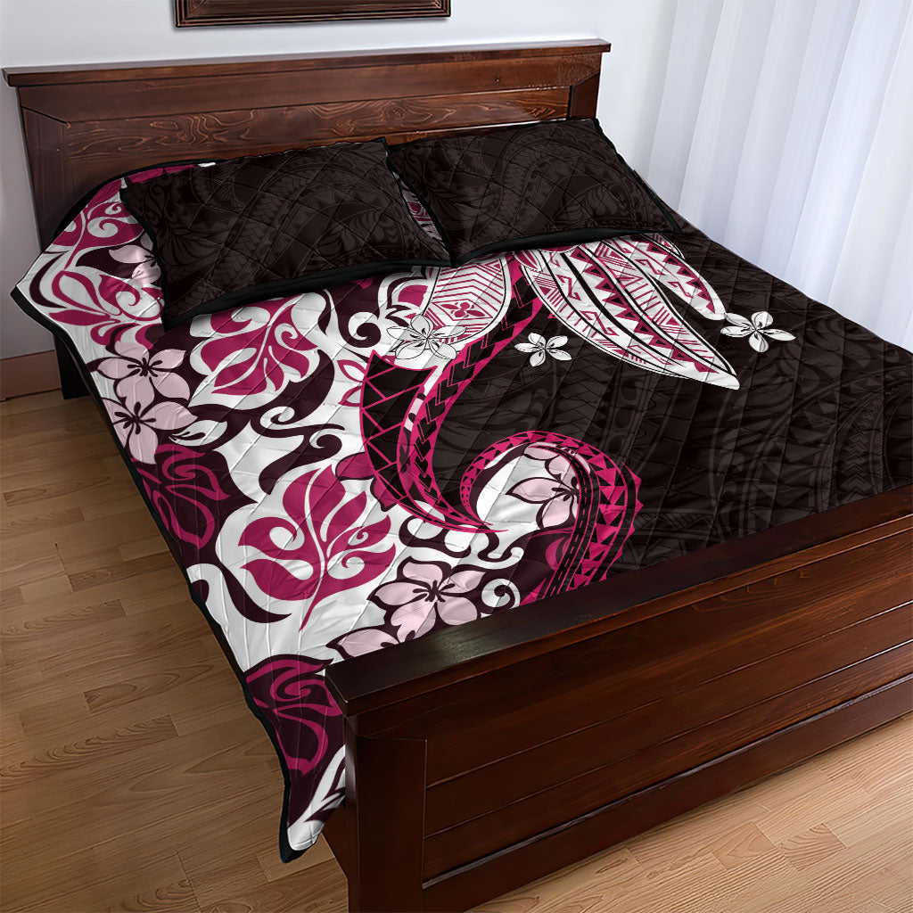 Monstera Plumeria Flowers Pink Quilt Bed Set Polynesian Pattern