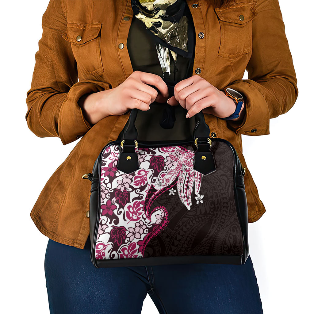 Monstera Plumeria Flowers Pink Shoulder Handbag Polynesian Pattern