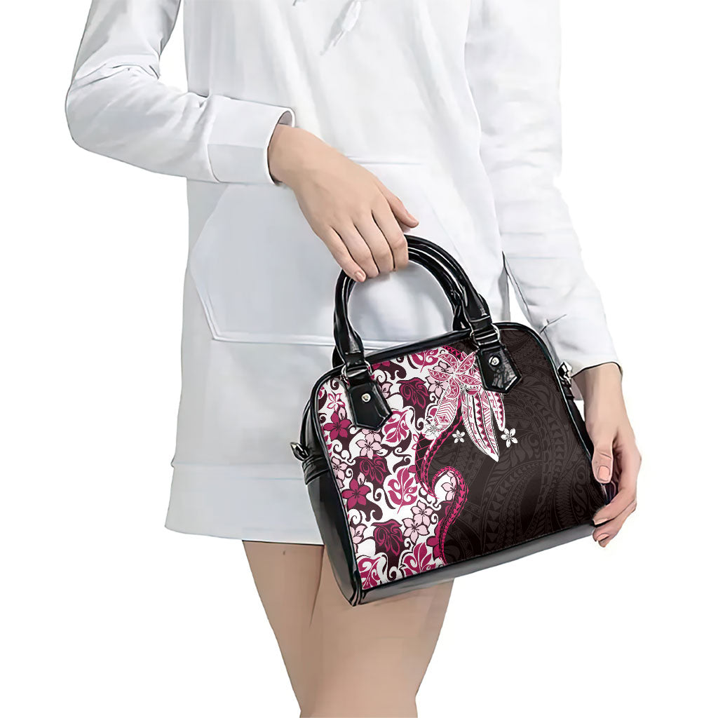 Monstera Plumeria Flowers Pink Shoulder Handbag Polynesian Pattern