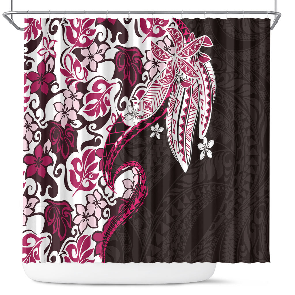 Monstera Plumeria Flowers Pink Shower Curtain Polynesian Pattern