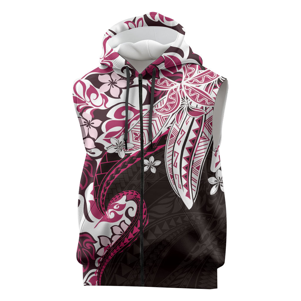 Monstera Plumeria Flowers Pink Sleeveless Zip Hoodie Polynesian Pattern