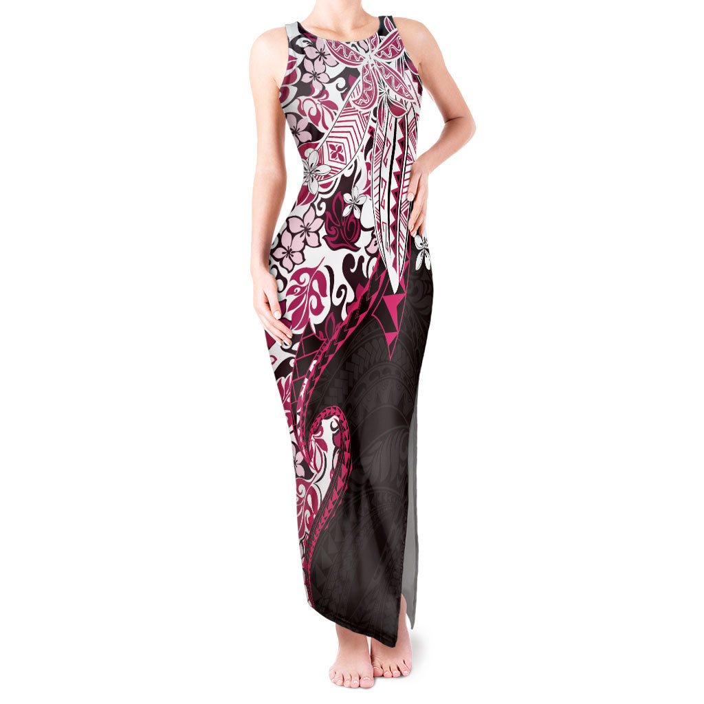 Monstera Plumeria Flowers Pink Tank Maxi Dress Polynesian Pattern