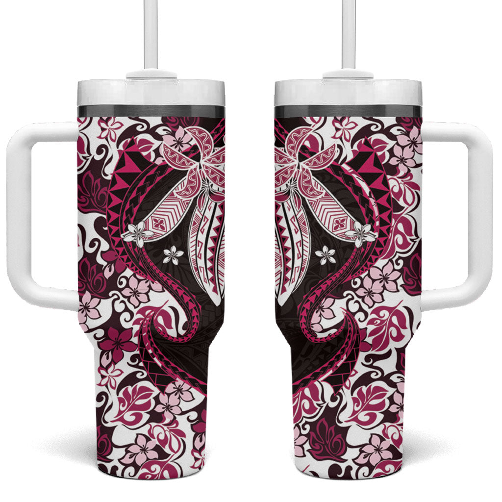 Monstera Plumeria Flowers Pink Tumbler With Handle Polynesian Pattern