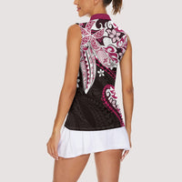 Monstera Plumeria Flowers Pink Women Sleeveless Polo Shirt Polynesian Pattern