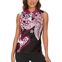 Monstera Plumeria Flowers Pink Women Sleeveless Polo Shirt Polynesian Pattern