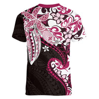 Monstera Plumeria Flowers Pink Women V-Neck T-Shirt Polynesian Pattern