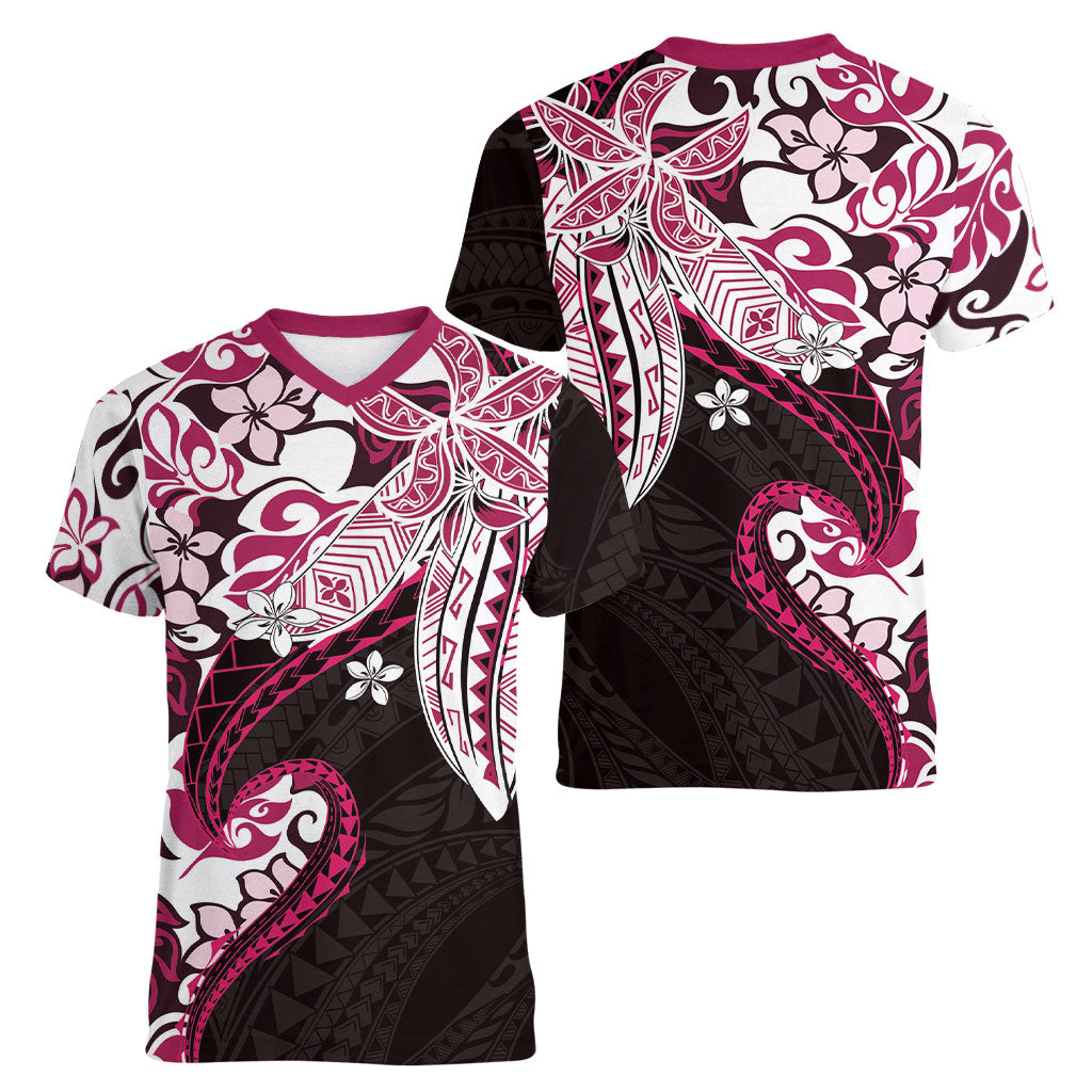 Monstera Plumeria Flowers Pink Women V-Neck T-Shirt Polynesian Pattern