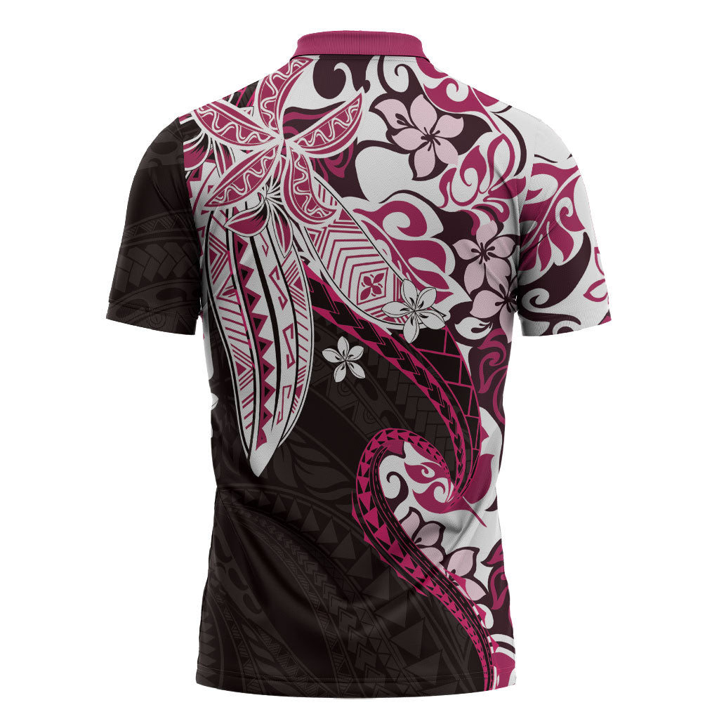 Monstera Plumeria Flowers Pink Zipper Polo Shirt Polynesian Pattern LT01 - Polynesian Pride