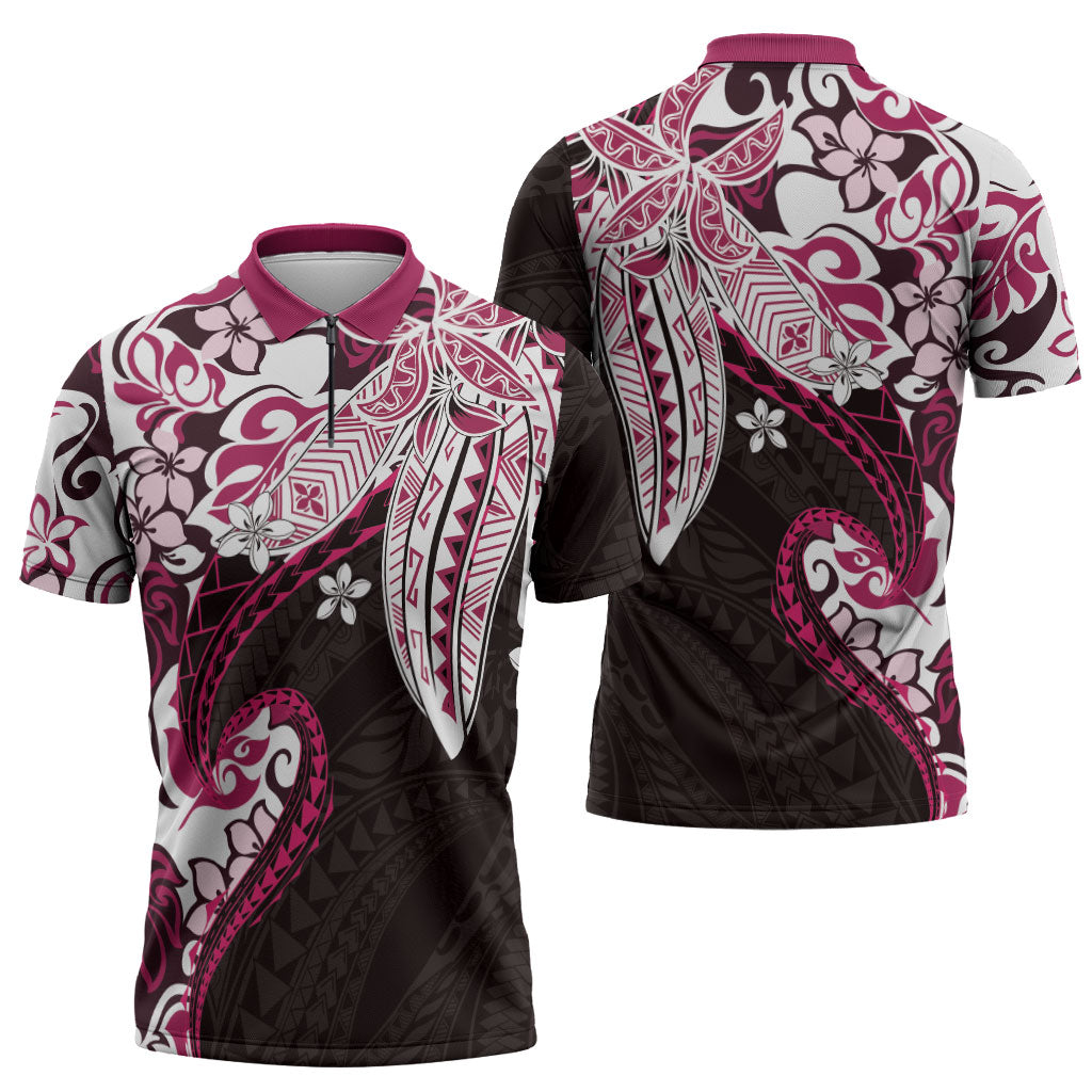 Monstera Plumeria Flowers Pink Zipper Polo Shirt Polynesian Pattern LT01 - Polynesian Pride