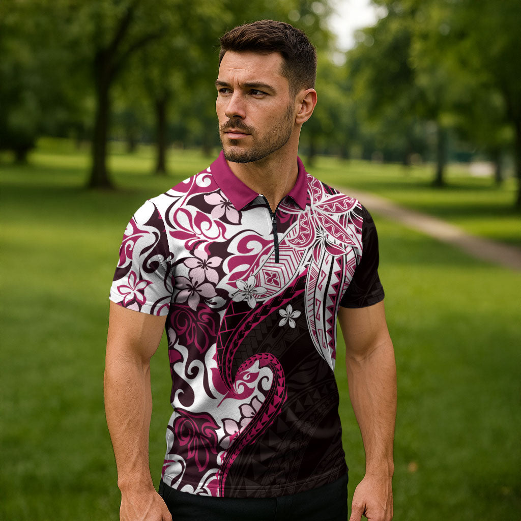 Monstera Plumeria Flowers Pink Zipper Polo Shirt Polynesian Pattern LT01 - Polynesian Pride