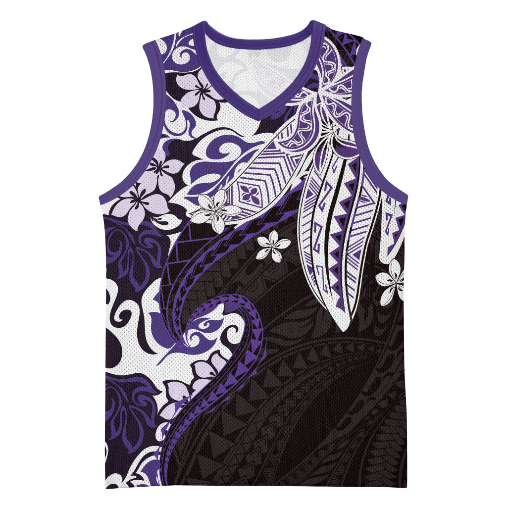 Monstera Plumeria Flowers Purple Basketball Jersey Polynesian Pattern