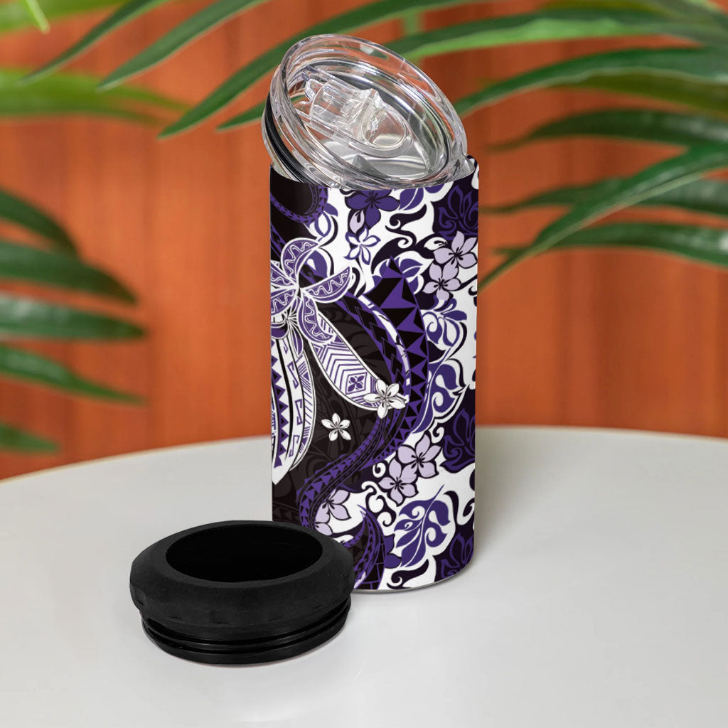 Monstera Plumeria Flowers Purple 4 in 1 Can Cooler Tumbler Polynesian Pattern