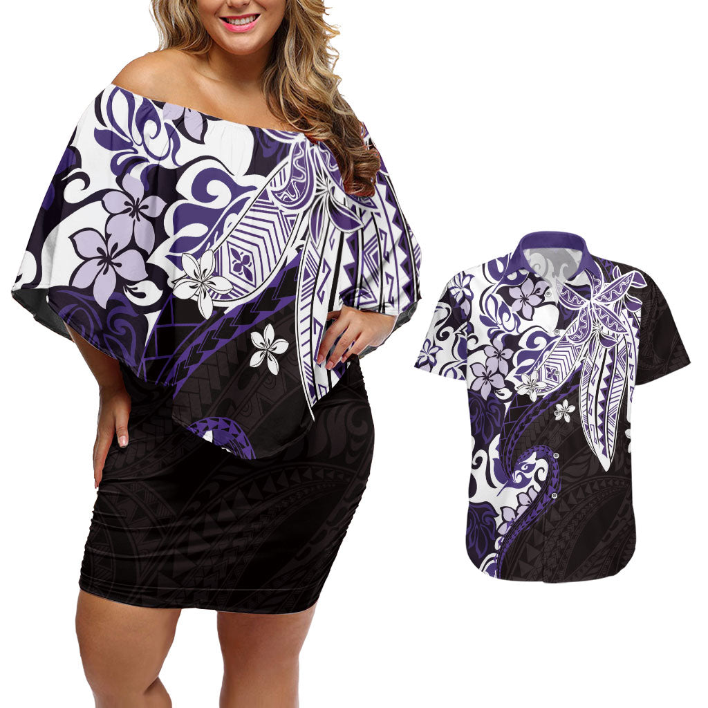 Monstera Plumeria Flowers Purple Couples Matching Off Shoulder Short Dress and Hawaiian Shirt Polynesian Pattern