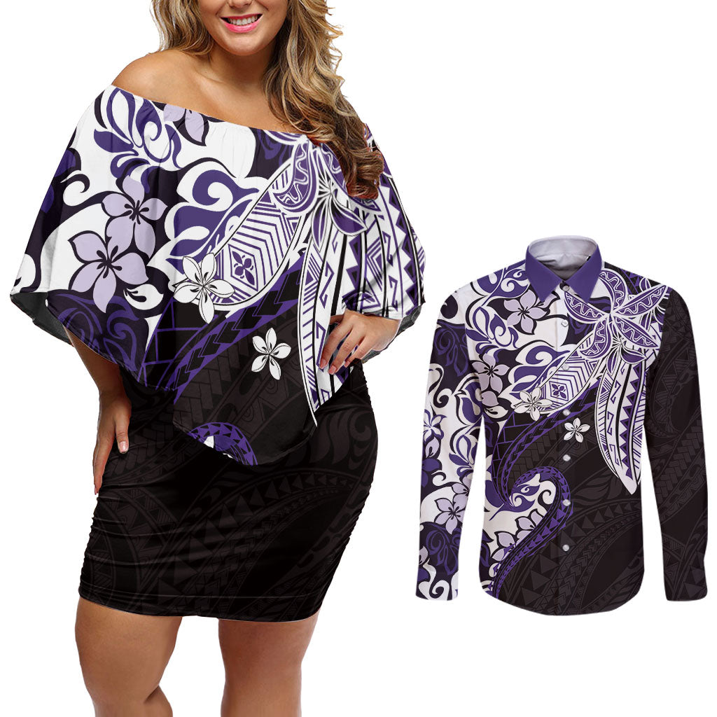 Monstera Plumeria Flowers Purple Couples Matching Off Shoulder Short Dress and Long Sleeve Button Shirt Polynesian Pattern