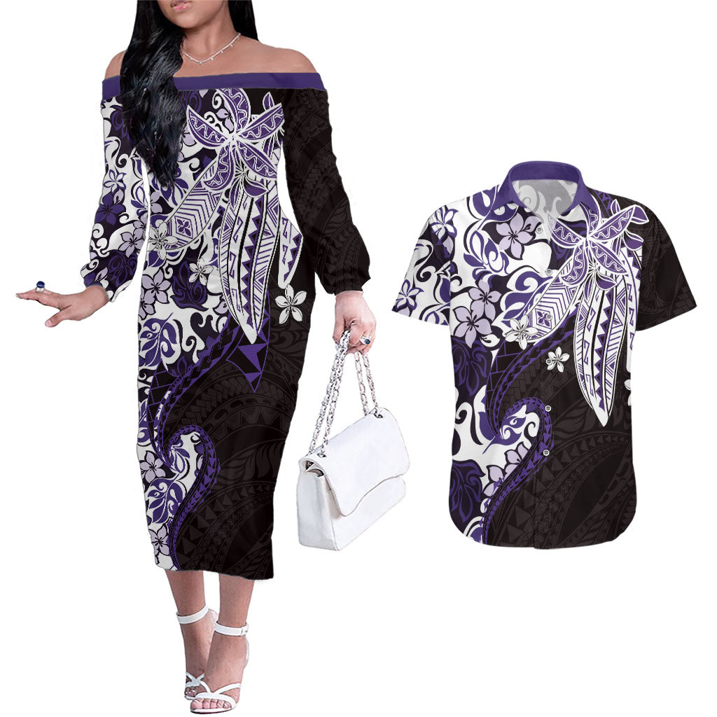 Monstera Plumeria Flowers Purple Couples Matching Off The Shoulder Long Sleeve Dress and Hawaiian Shirt Polynesian Pattern LT01 Purple - Polynesian Pride