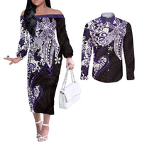 Monstera Plumeria Flowers Purple Couples Matching Off The Shoulder Long Sleeve Dress and Long Sleeve Button Shirt Polynesian Pattern