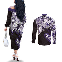 Monstera Plumeria Flowers Purple Couples Matching Off The Shoulder Long Sleeve Dress and Long Sleeve Button Shirt Polynesian Pattern