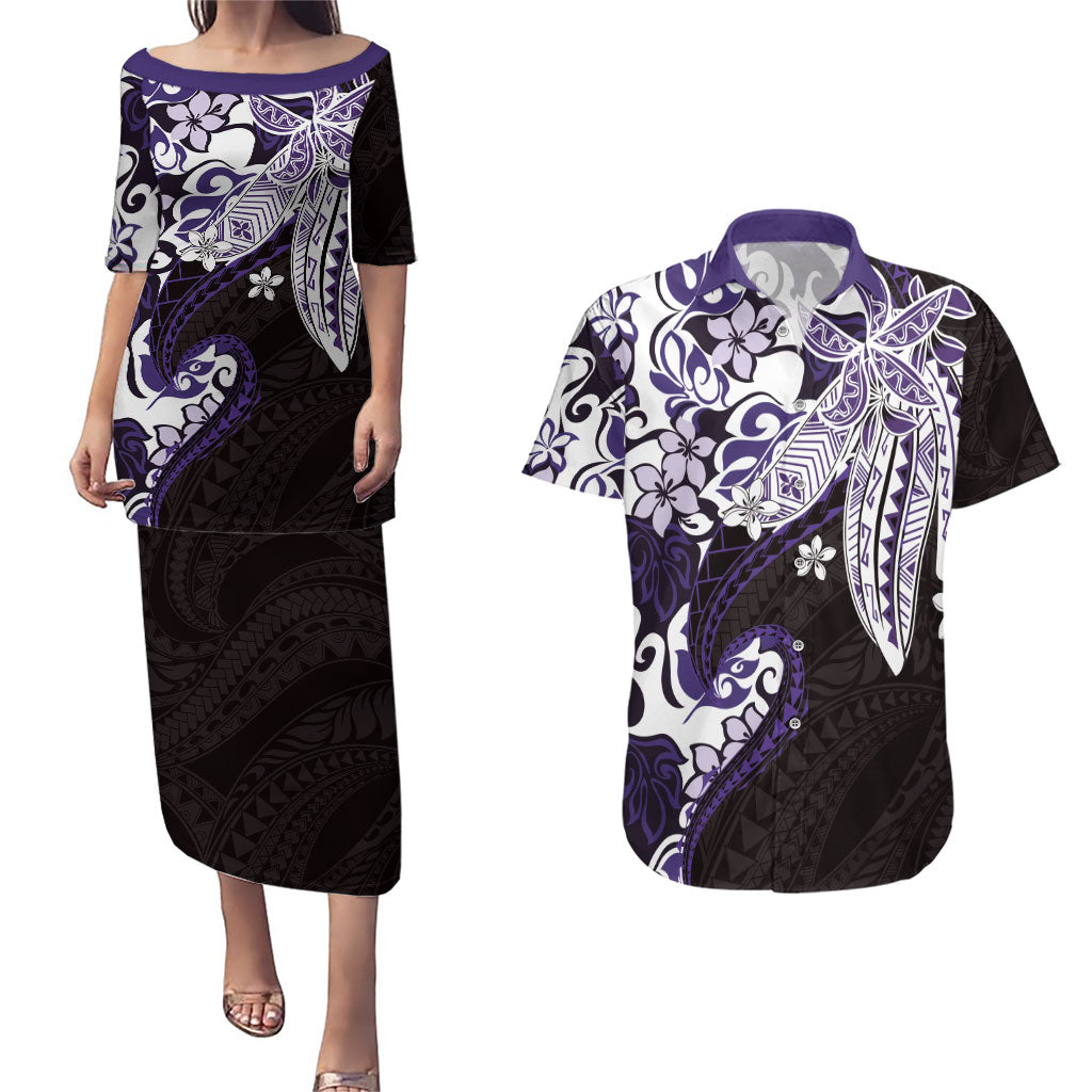 Monstera Plumeria Flowers Purple Couples Matching Puletasi and Hawaiian Shirt Polynesian Pattern