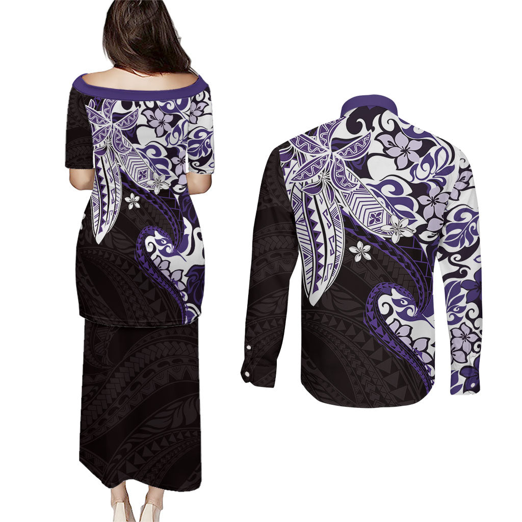 Monstera Plumeria Flowers Purple Couples Matching Puletasi and Long Sleeve Button Shirt Polynesian Pattern