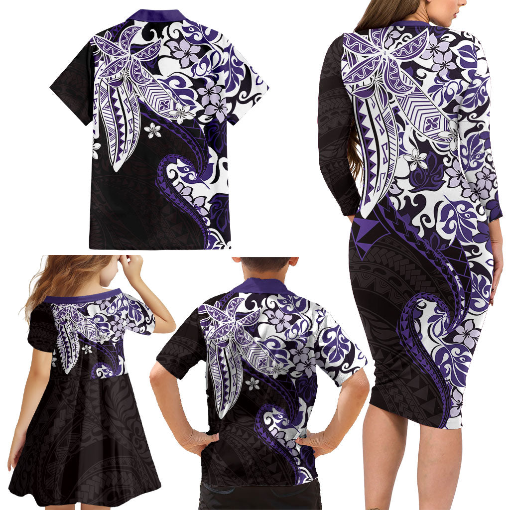 Monstera Plumeria Flowers Purple Family Matching Long Sleeve Bodycon Dress and Hawaiian Shirt Polynesian Pattern