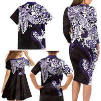 Monstera Plumeria Flowers Purple Family Matching Long Sleeve Bodycon Dress and Hawaiian Shirt Polynesian Pattern