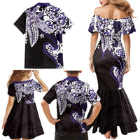 Monstera Plumeria Flowers Purple Family Matching Mermaid Dress and Hawaiian Shirt Polynesian Pattern