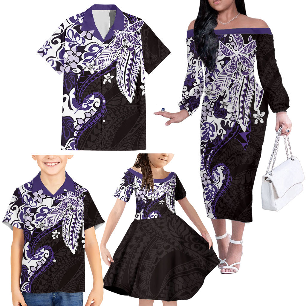 Monstera Plumeria Flowers Purple Family Matching Off The Shoulder Long Sleeve Dress and Hawaiian Shirt Polynesian Pattern