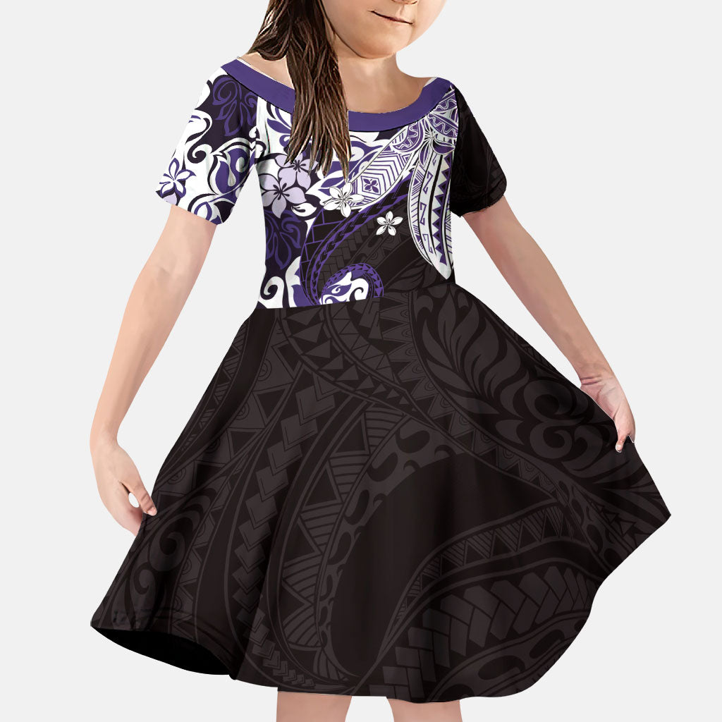 Monstera Plumeria Flowers Purple Family Matching Puletasi and Hawaiian Shirt Polynesian Pattern LT01 Daughter's Dress Purple - Polynesian Pride