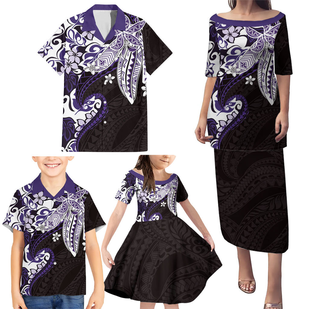 Monstera Plumeria Flowers Purple Family Matching Puletasi and Hawaiian Shirt Polynesian Pattern LT01 - Polynesian Pride