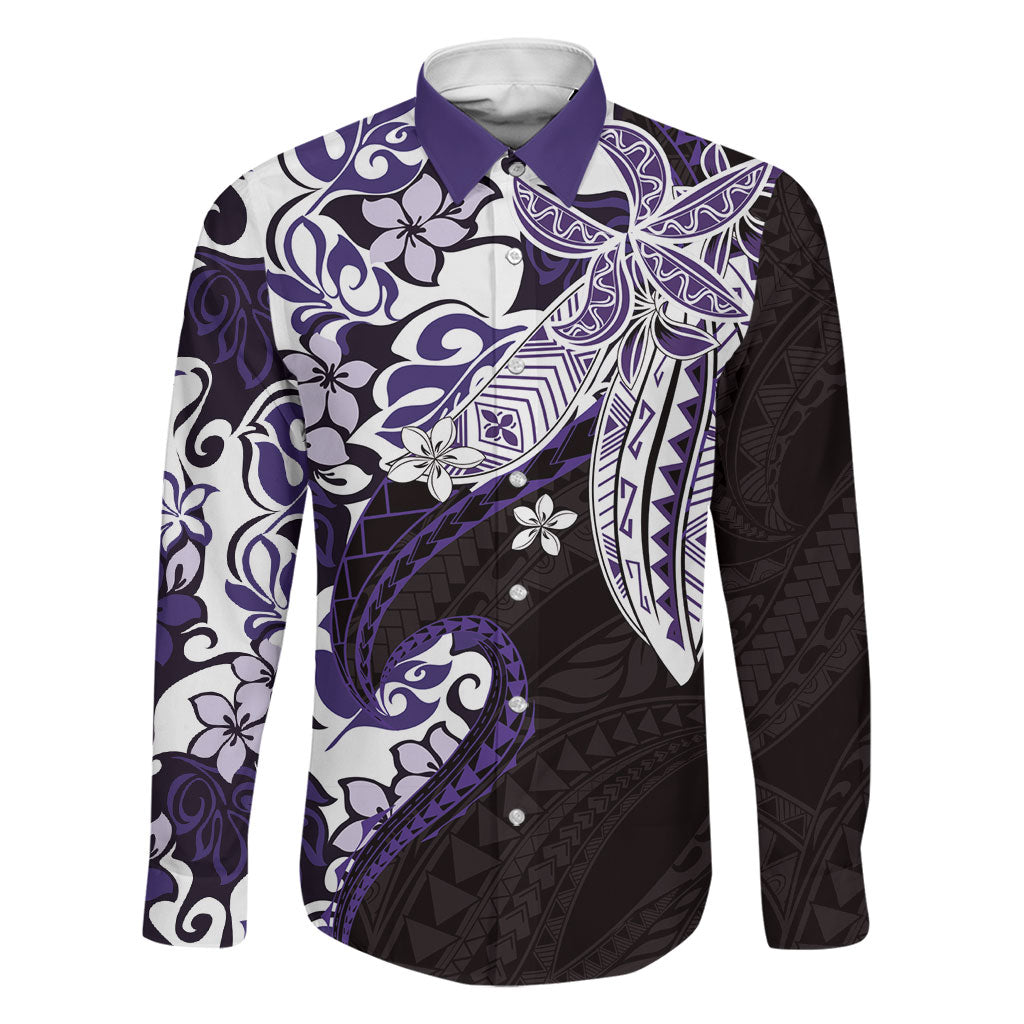 Monstera Plumeria Flowers Purple Family Matching Puletasi and Hawaiian Shirt Polynesian Pattern LT01 Dad's Shirt - Long Sleeve Purple - Polynesian Pride