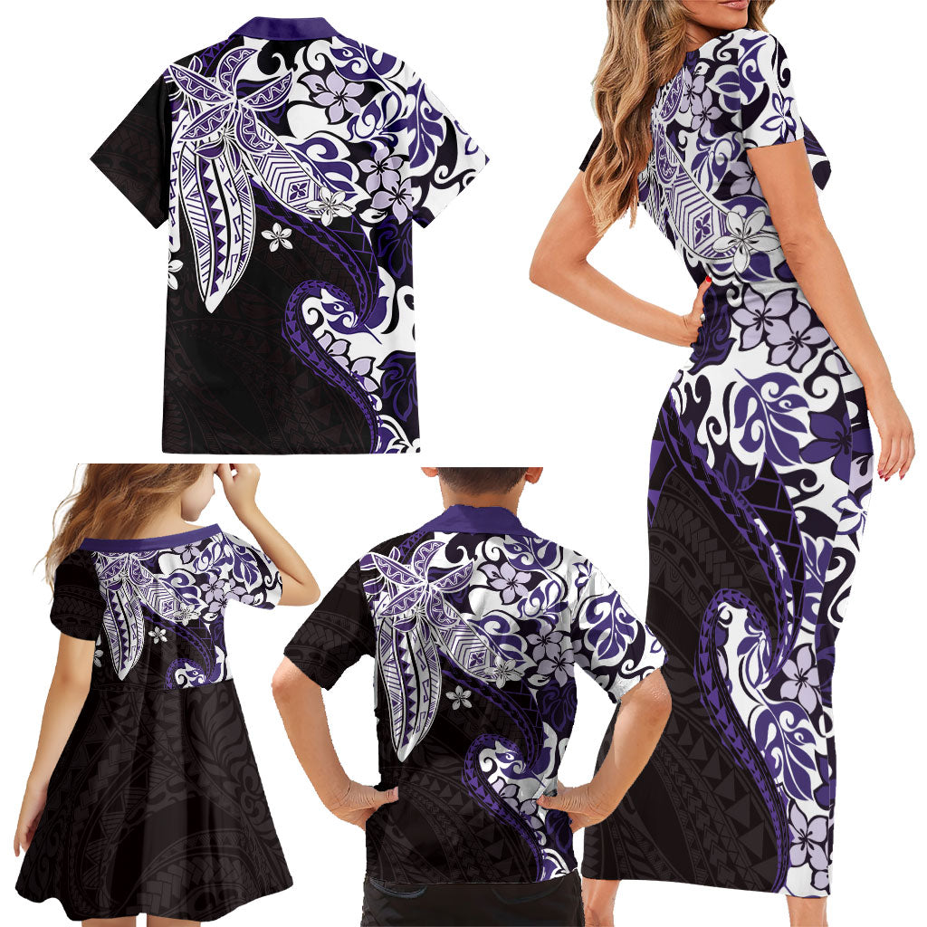 Monstera Plumeria Flowers Purple Family Matching Short Sleeve Bodycon Dress and Hawaiian Shirt Polynesian Pattern
