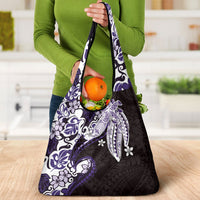 Monstera Plumeria Flowers Purple Grocery Bag Polynesian Pattern