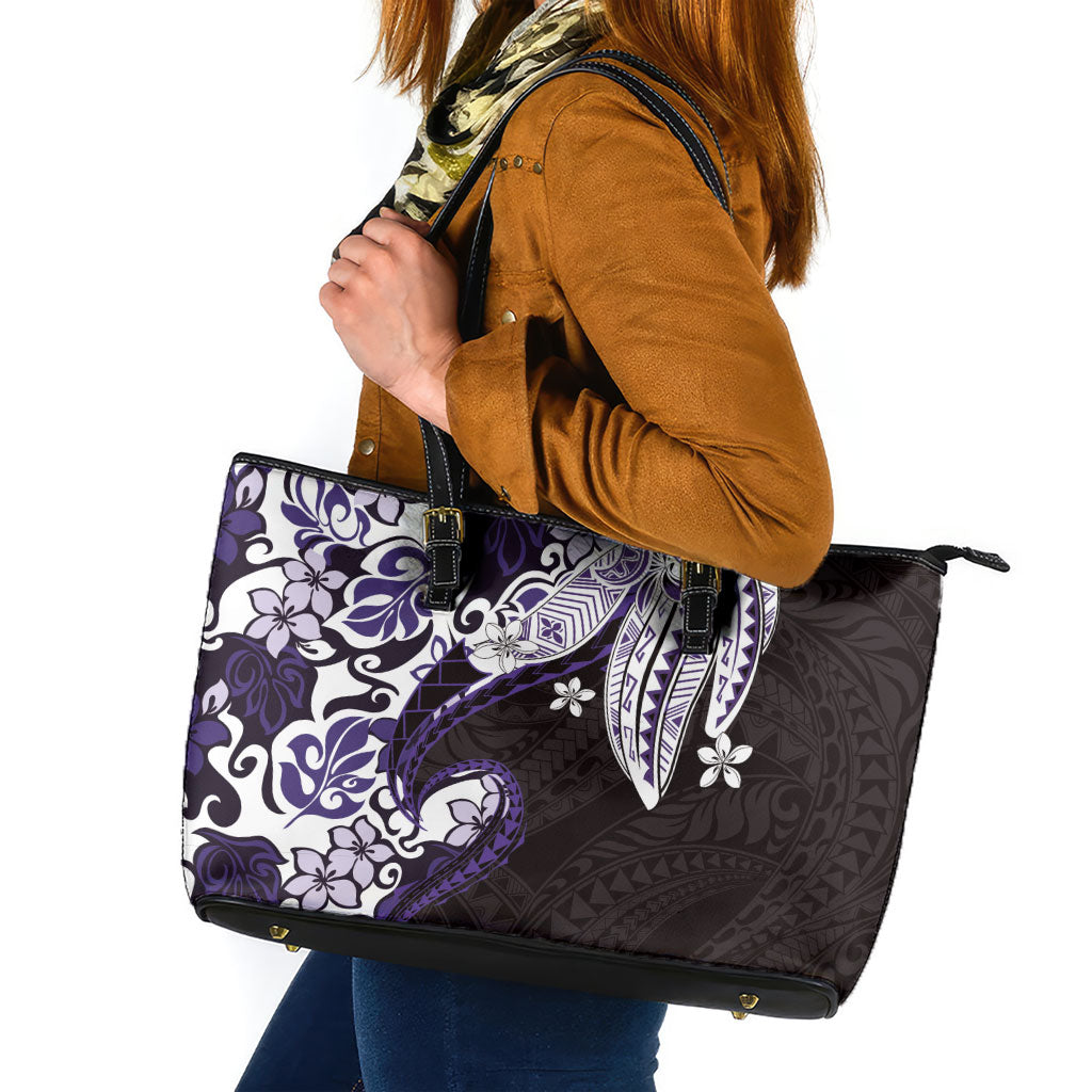 Monstera Plumeria Flowers Purple Leather Tote Bag Polynesian Pattern
