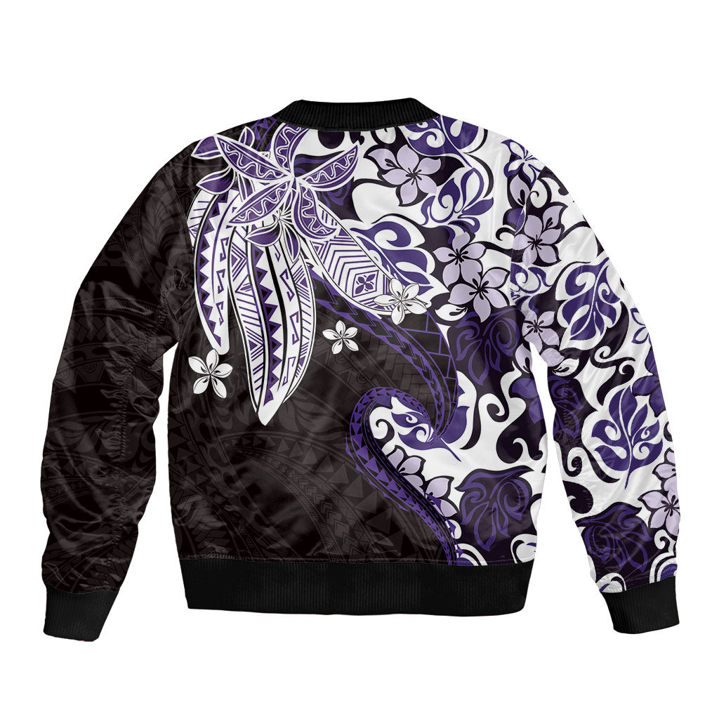 Monstera Plumeria Flowers Purple Sleeve Zip Bomber Jacket Polynesian Pattern