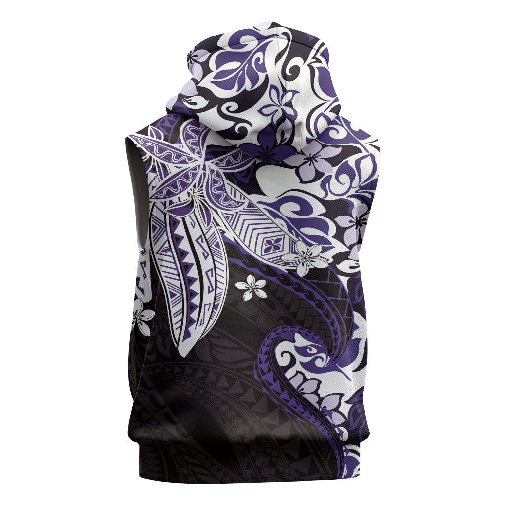 Monstera Plumeria Flowers Purple Sleeveless Hoodie Polynesian Pattern