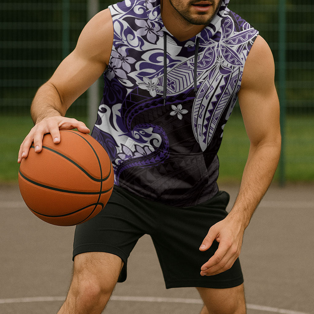 Monstera Plumeria Flowers Purple Sleeveless Hoodie Polynesian Pattern