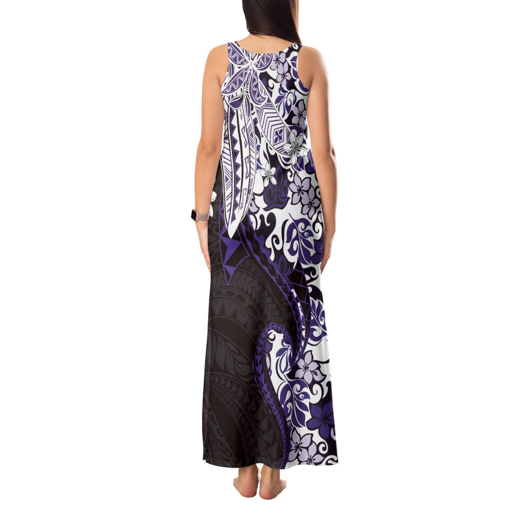 Monstera Plumeria Flowers Purple Tank Maxi Dress Polynesian Pattern